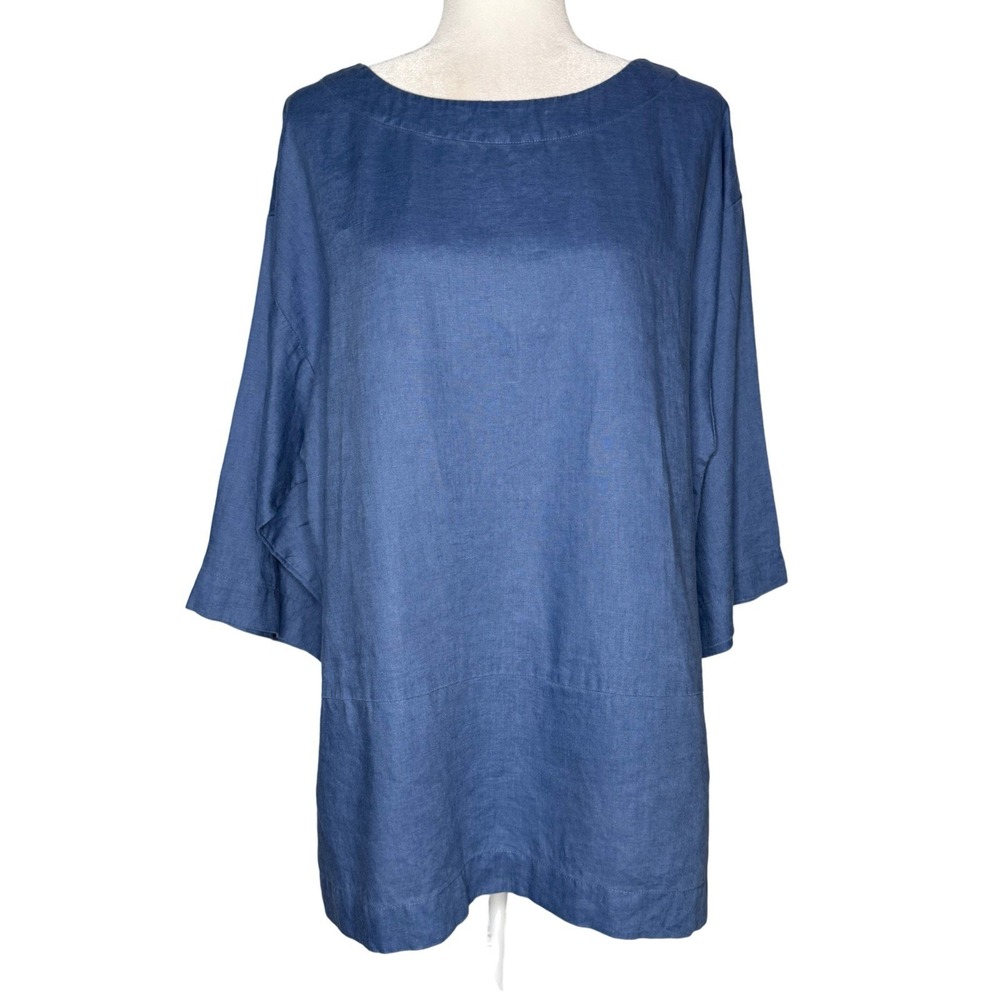 J. Jill Pure Jill 100% Linen M Blue 3/4 Sleeve Boxy Lagenlook Tunic Top